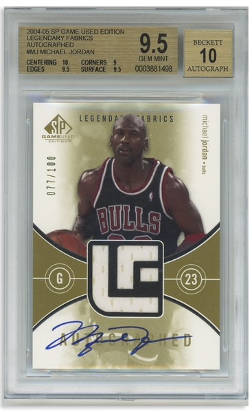 Michael Jordan Signed 2004 Legendary Fabrics Card by SG -- Limited Edition #77 of 100 -- Beckett Graded 9.5 for Card & 10 for Autograph -- With Game-Worn Chicago Bulls Patch